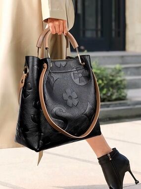 Luxury Embossed Black Bag with Tan Handles